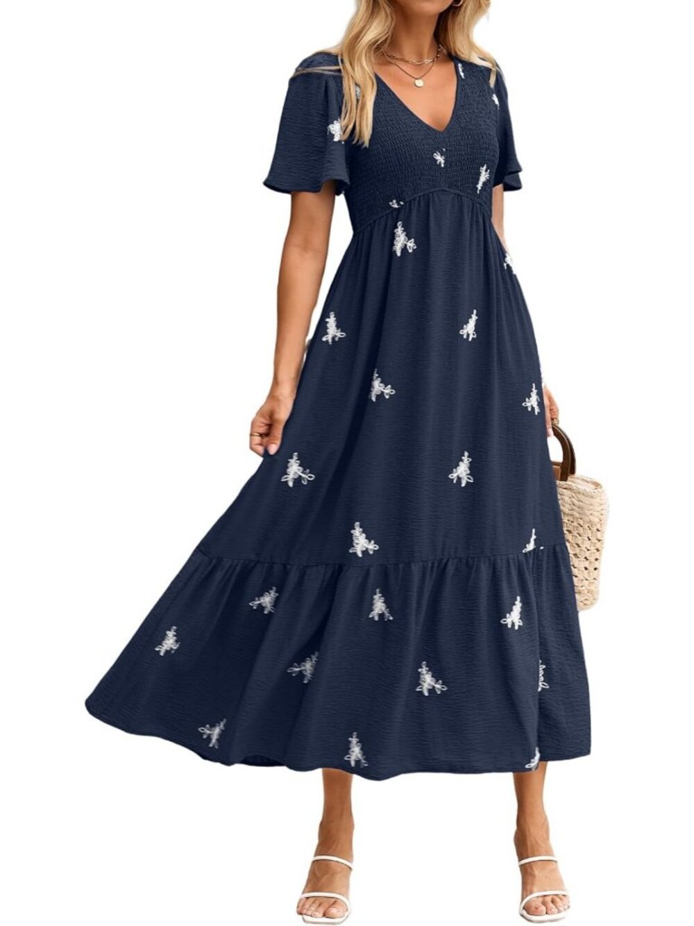 Summer Casual Flowy Maxi Dress - V Neck Flutter Sleeve, Smocked Waist, Pockets